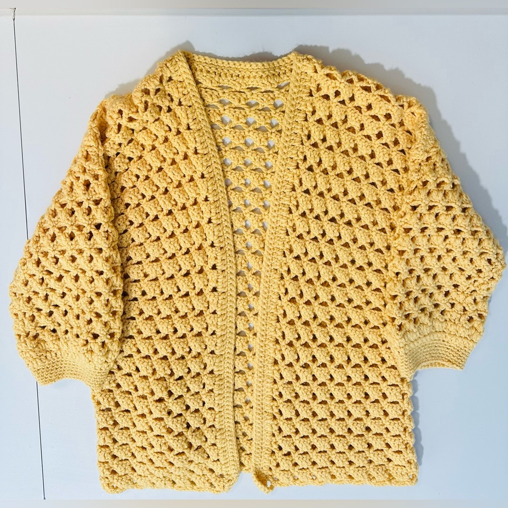Handknit Crochet Cardigan Sweater S Yellow Cottage Grannycore Vintage Style Soft